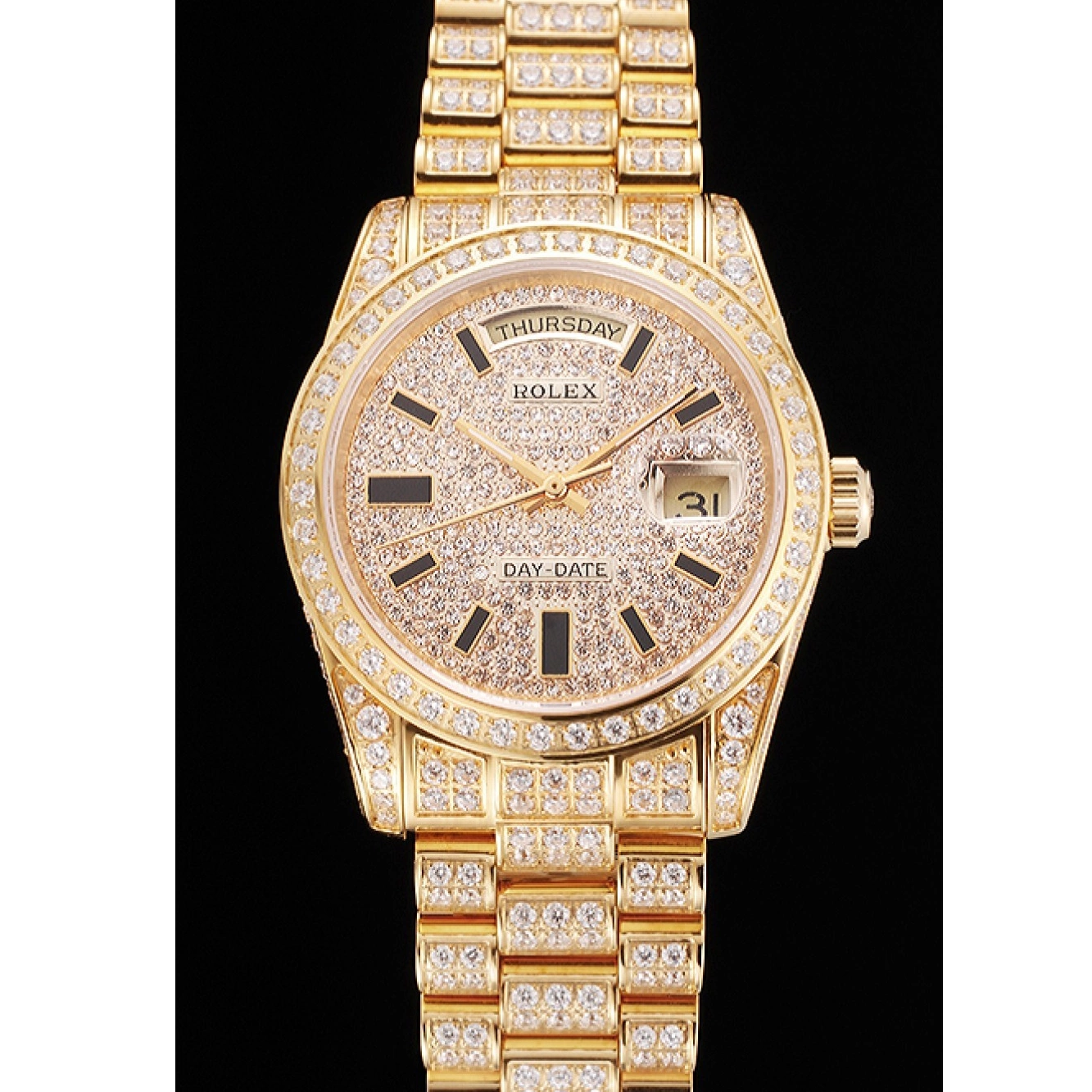 Aaa replica watch Day Gold Full Yellow Date Diamond Swiss Rolex Pave 0526
